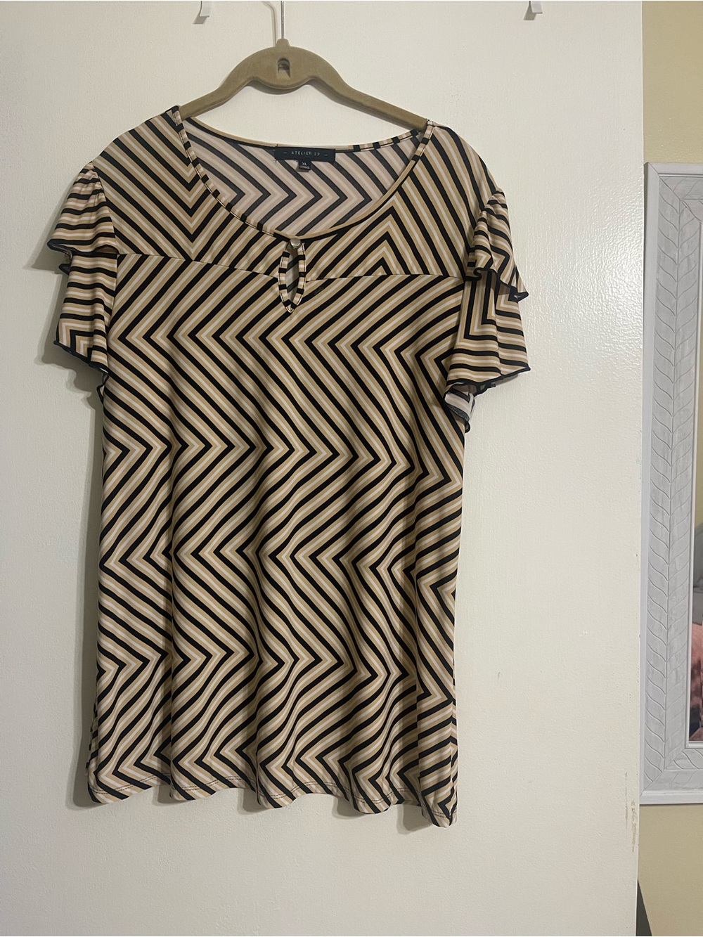 Atelier Sona Beige and Black Chevron Flutter Sleeve Blouse